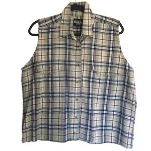Vintage Cotton Blouse 80s Sleeveless Shirt Plaid Grunge Retro Top Button Up XL